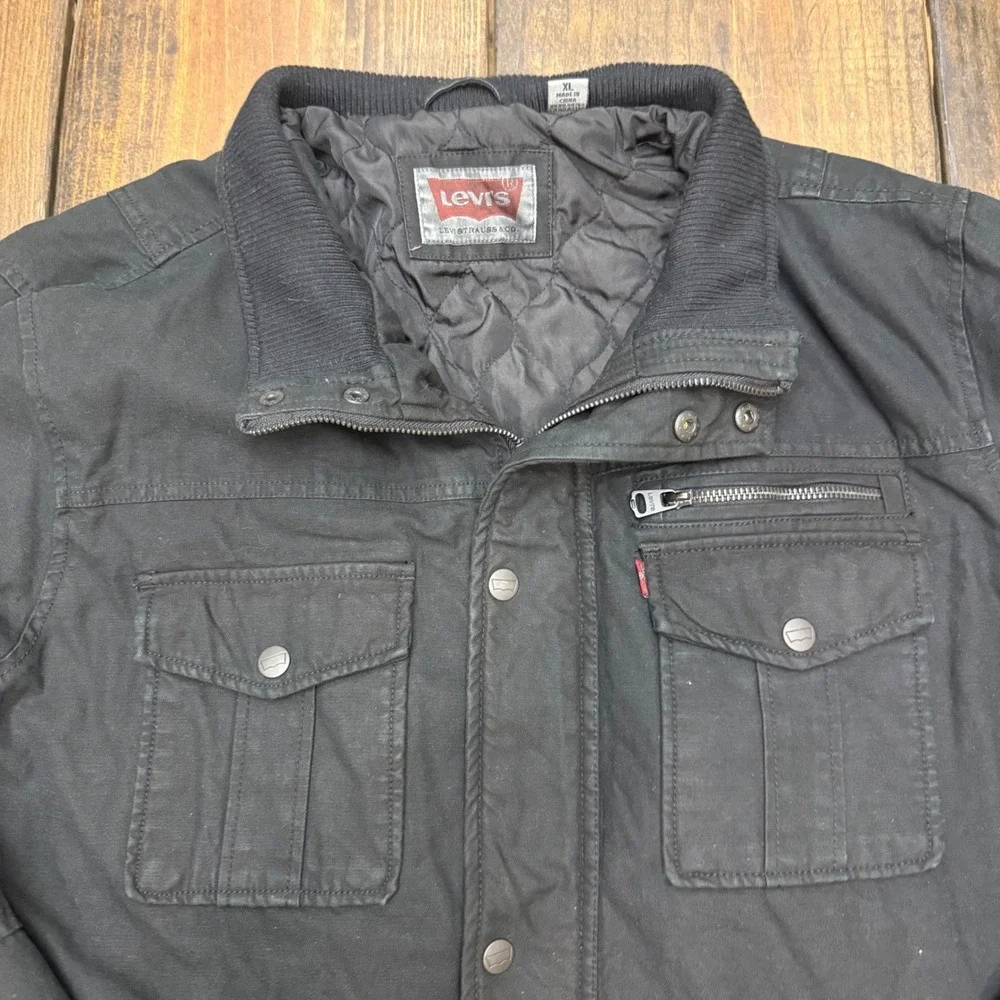 Levis Mens Black Canvas Quilted Field Jacket XL Full‎ Zip Snap utility, pockets